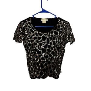 Michael Kors Petite Small Black Shirt with Gold Sequins 100% Rayon